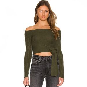 Lovers and Friends Alta Off Shoulder Wrap Sweater in Dark Olive